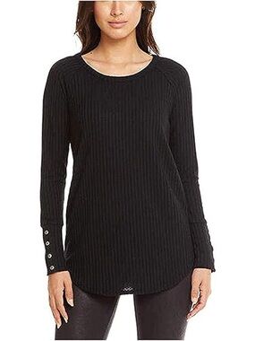 Chaser Black Cozy Ribbed Knit Long Sleeve Top with Button Cuffs - Size M